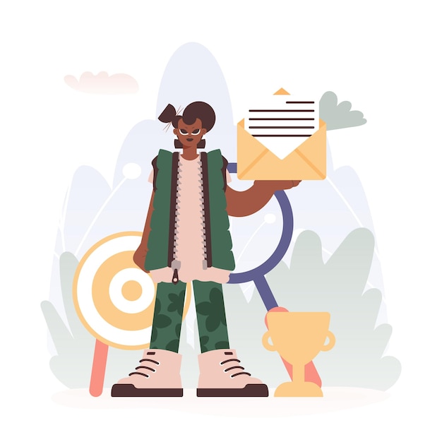 a vector organize of a youthful woman holding an envelope with a letter reinforced by a opening glass and target
