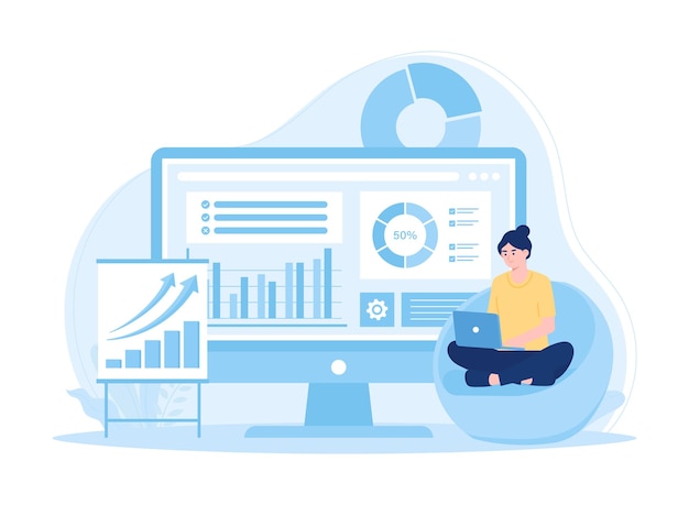 A woman analyzes an improvement graph trending concept flat illustration