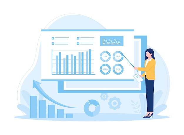 a woman analyzes an improvement graph trending concept flat illustration
