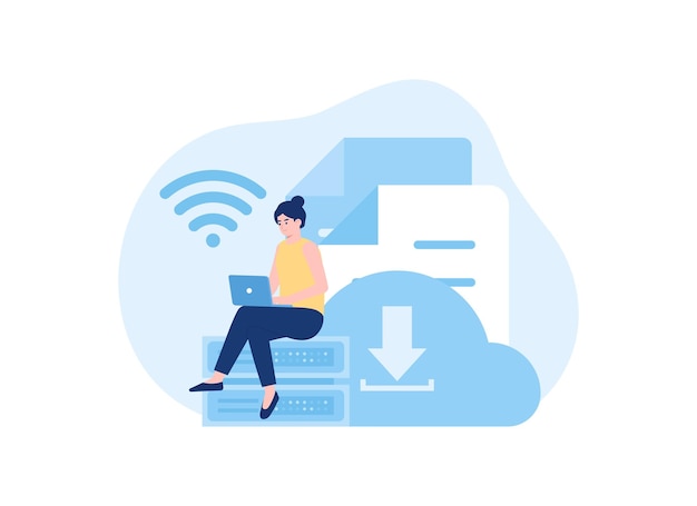 A woman inputs data into cloud storage trending concept flat illustration