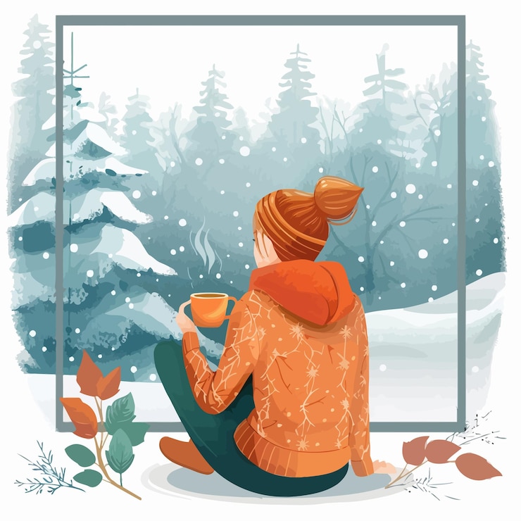 Vektor a woman is sitting on a window sill with a cup of coffee