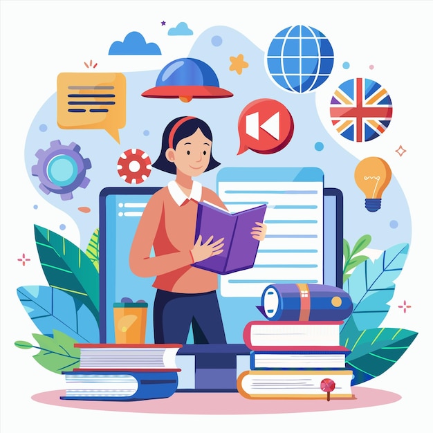 a woman is standing in front of a laptop with a picture of a woman reading a book