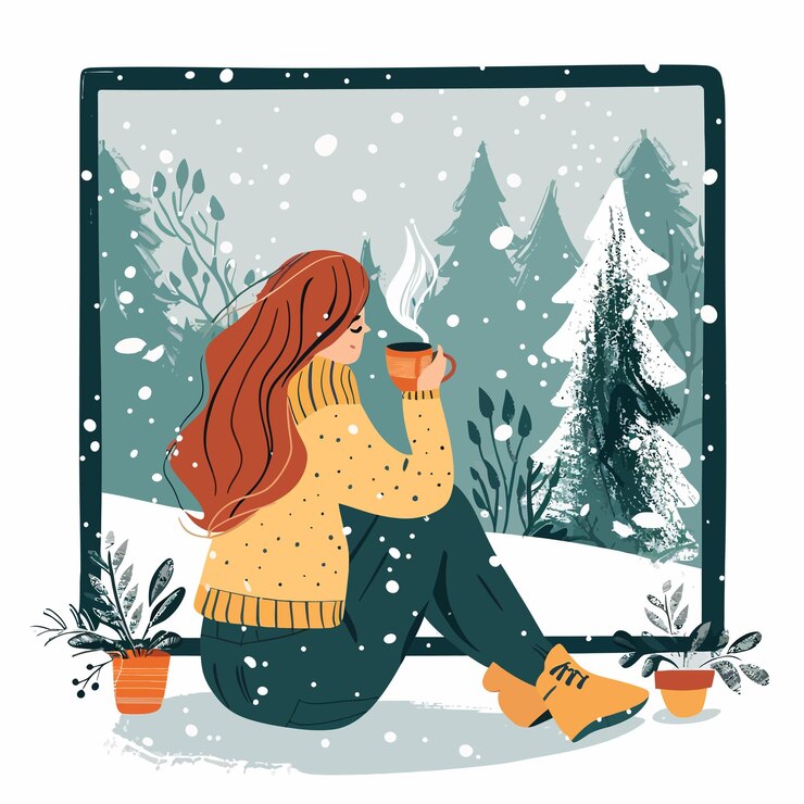 Vektor a woman sits in front of a snow covered window