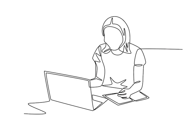 A woman who pays attention to lessons Online education concept oneline drawing
