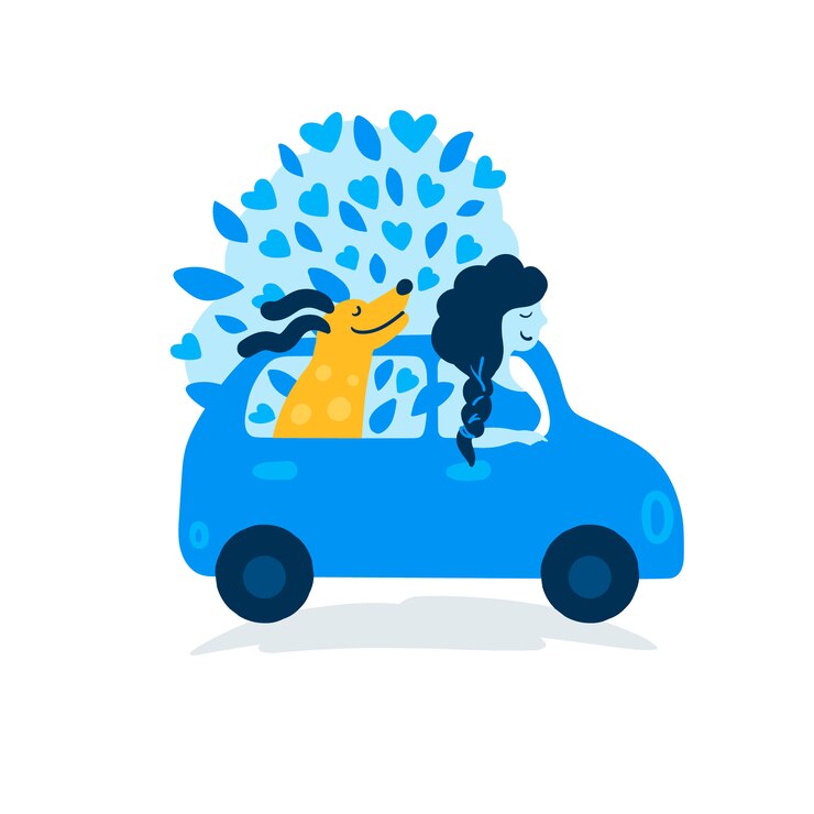 Vektor a young girl with a dog traveling by car