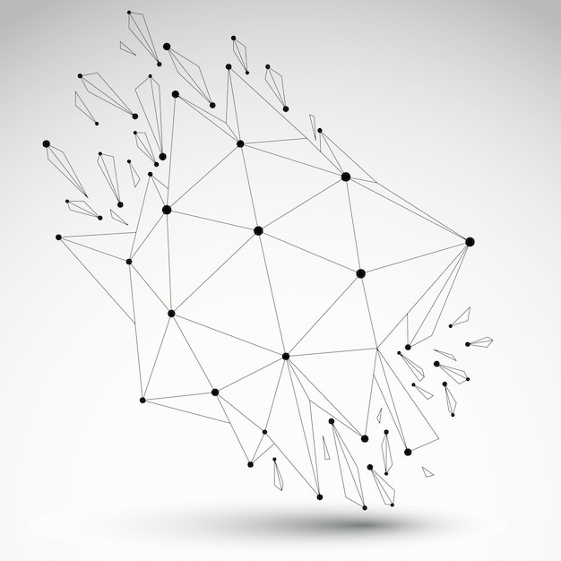 Abstract 3d faceted deformed figure with connected black lines and dots. Vector low poly shattered design element with fragments and particles. Explosion effect.