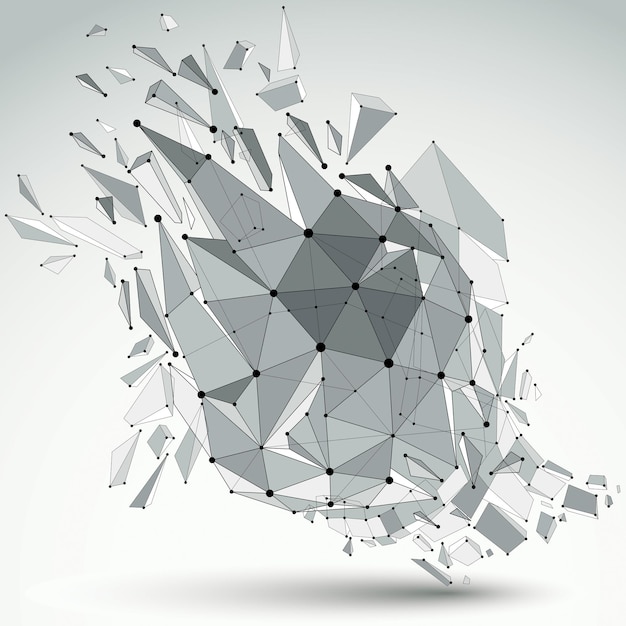 abstract 3d faceted figure with connected black lines and dots. vector low poly shattered design element with fragments and particles. explosion effect.