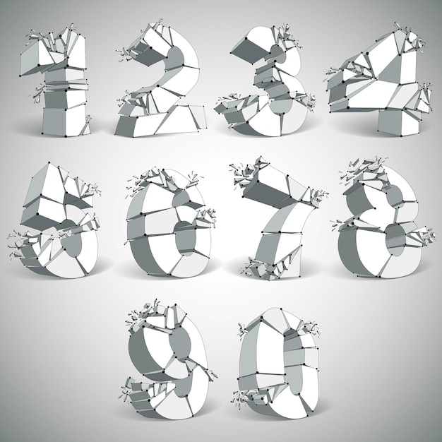 Abstract 3d faceted monochrome numbers with connected black lines and dots. Set of vector low poly shattered design elements with fragments and particles. Explosion effect, thread objects.