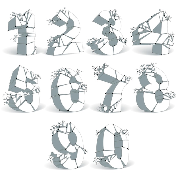 Abstract 3d faceted monochrome numbers with connected black lines and dots. Set of vector low poly shattered design elements with fragments and particles. Explosion effect, thread objects.