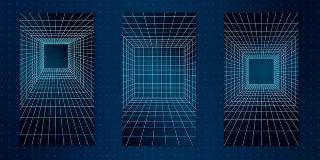 abstract 3d geometric shapes forming wireframe grid structures neon blue lines on a dark background