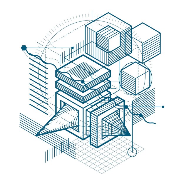 Abstract 3d shapes composition, vector isometric background. Composition of cubes, hexagons, squares, rectangles and different abstract elements.