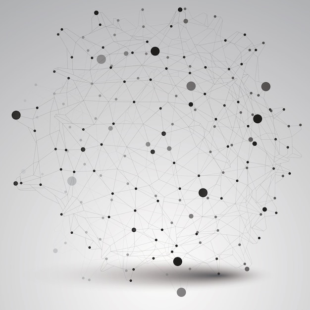 Abstract asymmetric vector monochrome structure with black wire mesh, complicated geometric shape. Lace grayscale figure.