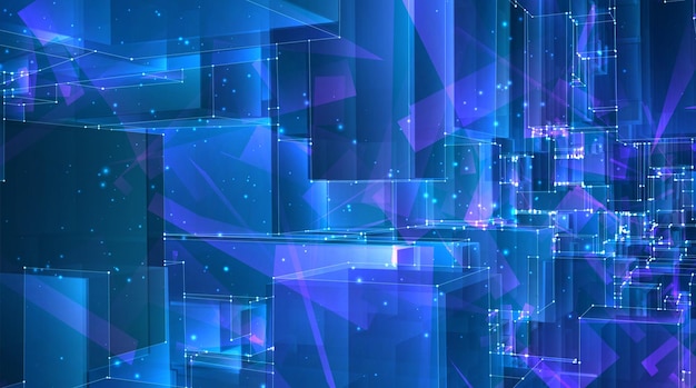 abstract background of glowing square crystals on blue