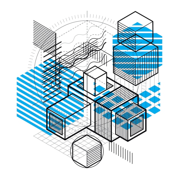 abstract background with isometric elements, vector linear art with lines and shapes. cubes, hexagons, squares, rectangles and different abstract elements.