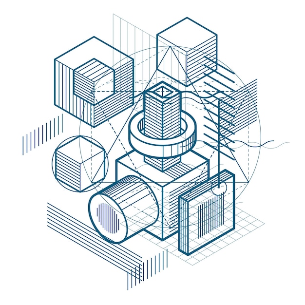 abstract background with isometric elements, vector linear art with lines and shapes. cubes, hexagons, squares, rectangles and different abstract elements.
