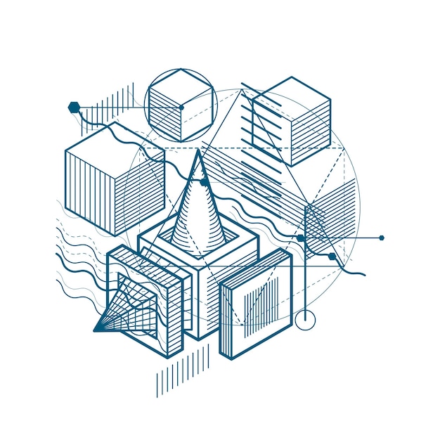 abstract background with isometric lines, vector illustration. template made with cubes, hexagons, squares, rectangles and different abstract elements.