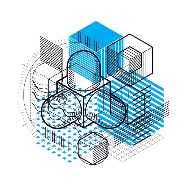 Abstract background with isometric lines, vector illustration. Template made with cubes, hexagons, squares, rectangles and different abstract elements.