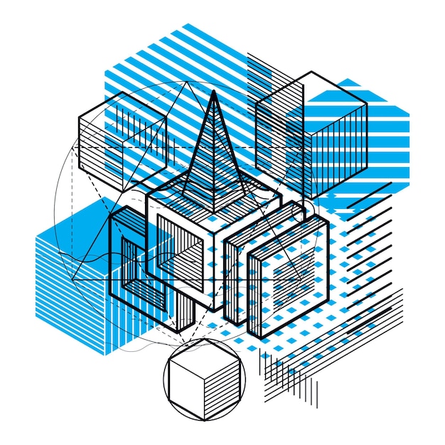 Abstract background with isometric lines, vector illustration. Template made with cubes, hexagons, squares, rectangles and different abstract elements.