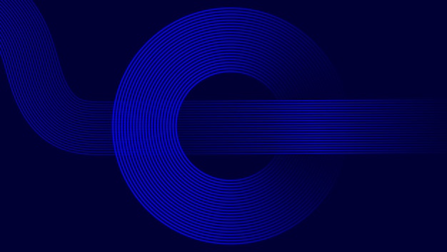 Abstract blue circular wave pattern with curved lines on a dark background
