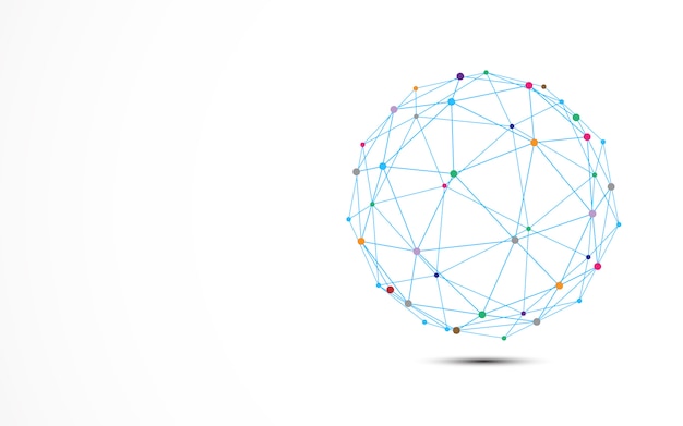 abstract blue wire frame with colorful dots connection node