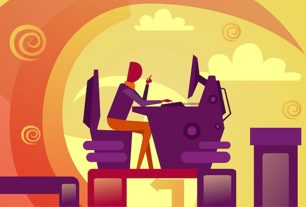 Abstract Business Man Working At Computer Desktop Sitting At Workplace