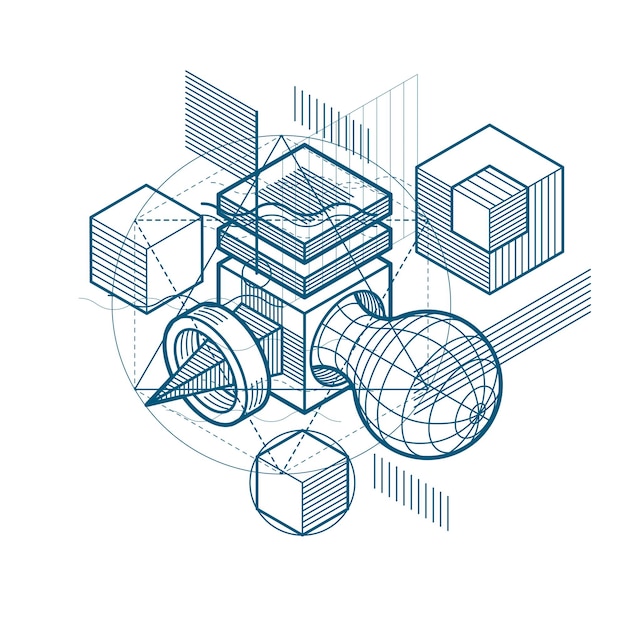 Abstract design with 3d linear mesh shapes and figures, vector isometric background. Cubes, hexagons, squares, rectangles and different abstract elements.