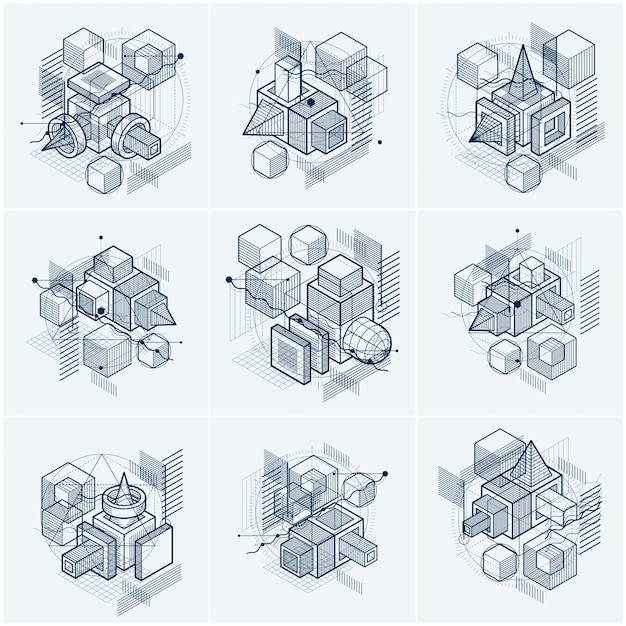 abstract designs with 3d linear mesh shapes and figures, vector isometric backgrounds. cubes, hexagons, squares, rectangles and different abstract elements. vector collection.