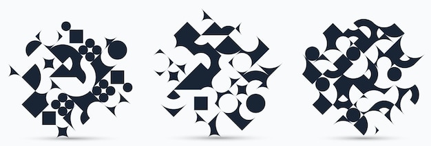 abstract geometric designs set vector pattern compositions, black and white 70s retro style templates art isolated over white, creative elegant backgrounds.