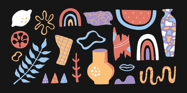 Abstract geometric doodle shapes elements set with brush texture on black background, creative hand drawn contemporary trendy icons collection, flat cartoon style, exotic plants and fruits, isolated
