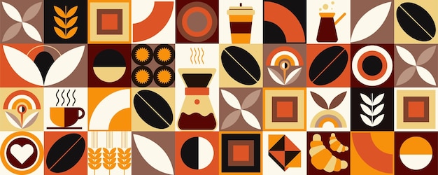 abstract geometric pattern of coffee and cocoa mosaic style contains icon designs for coffee tea