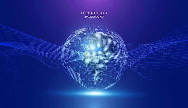 Abstract global dot network circle digital connection and point curve wave communication futuristic