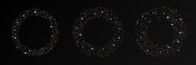 abstract gold glowing halftone dotted background set of three gold glitter patterns in circle form