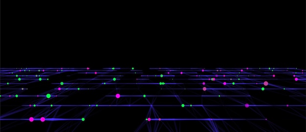 abstract grid with blue light on black background science background with moving dots and lines network connection technology digital structure with particles vector illustration