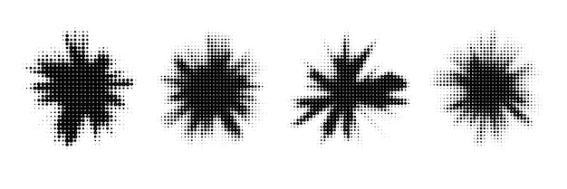 Abstract halftone black ink splatters on a white background