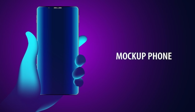 Abstract hand holding a phone Mockup phone concept For inputting information on the purple