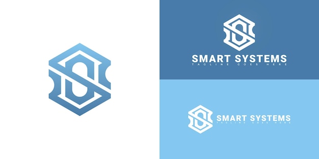abstract hexagon initial letter s or ss in blue color isolated on multiple background colors