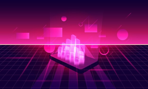 Abstract holography with data and graph on Smartphone of Retro SciFi Background