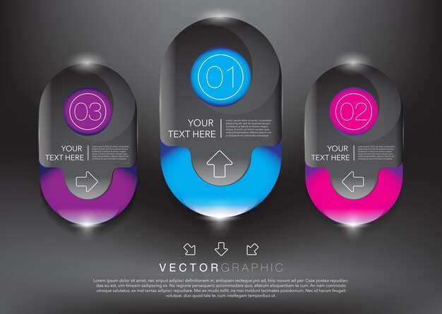 Abstract   info graphic banners. 3 parts concept. Isolated on the black panel.  .