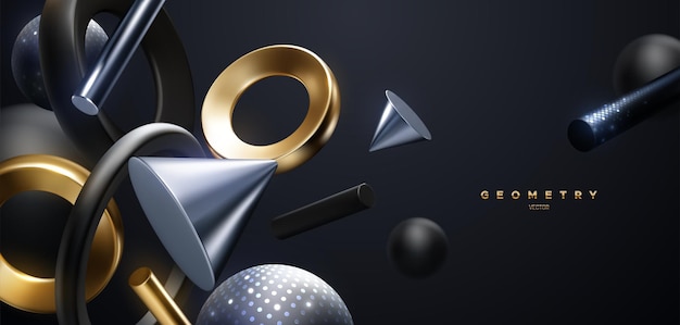 Abstract luxury background of flowing black and metallic geometric shapes with shimmering glitters