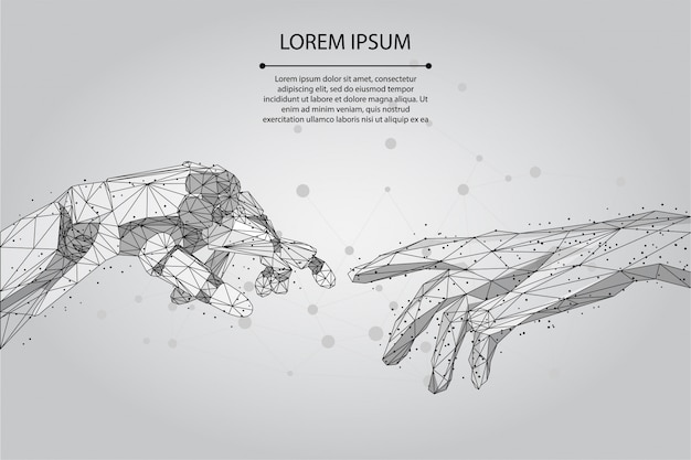 abstract mash line and point low poly wireframe human and robot hands touching with fingers.
