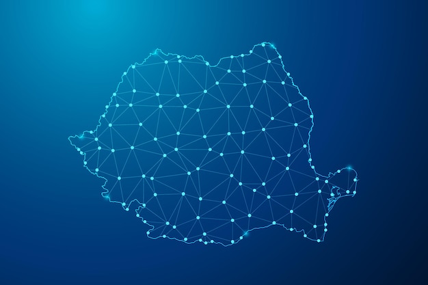 Abstract mash line and point with map of Romania polygonal network line vector.