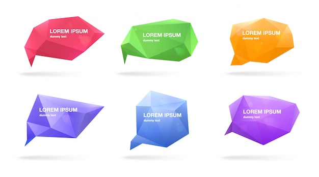 Abstract polygonal speech bubbles set. 3d figures with place for text. Colorful illustrations.