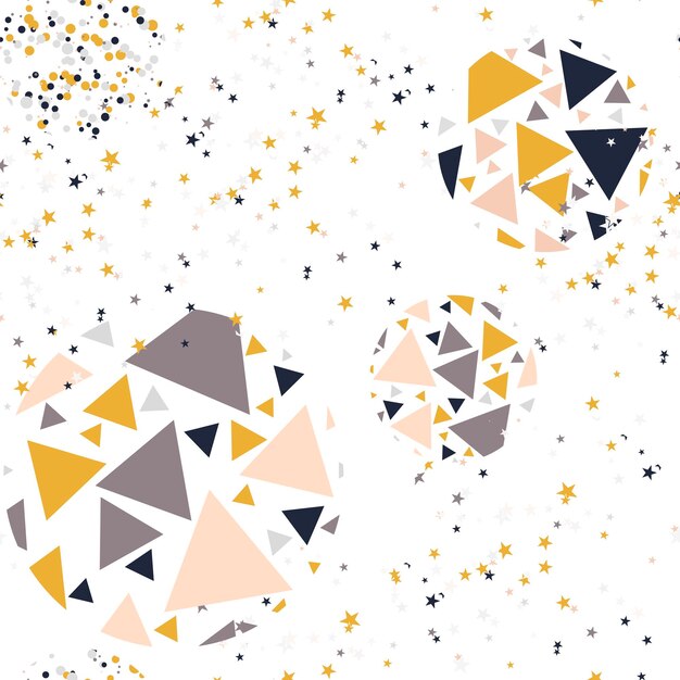 Abstract seamless pattern with colorful chaotic small triangles, dots, stars. Infinity triangles