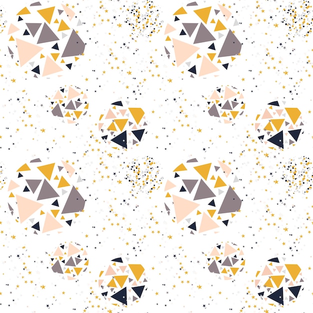 Abstract seamless pattern with colorful chaotic small triangles, dots, stars. Infinity triangles