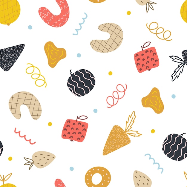 Abstract seamless shape with colorful geometric patterns Flat cartoon background simple random shapes in bright childish colors Seamless pattern