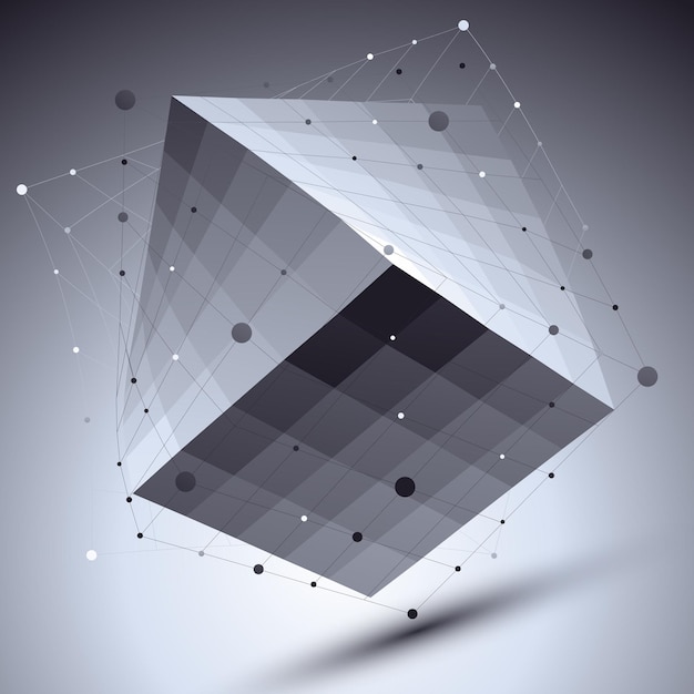 Abstract squared vector monochrome object with lines mesh over dark background, creative technology cube with grid imposed.