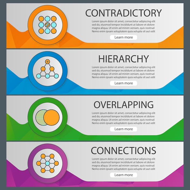 abstract symbols banner templates set. contradictory, hierarchy, overlapping, connections website menu items. color polygonal web banner concepts. vector backgrounds
