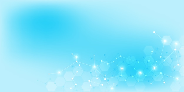 Abstract technology and innovation background with molecular structures and neural network. Molecules DNA and genetic engineering. Technical and scientific concept.