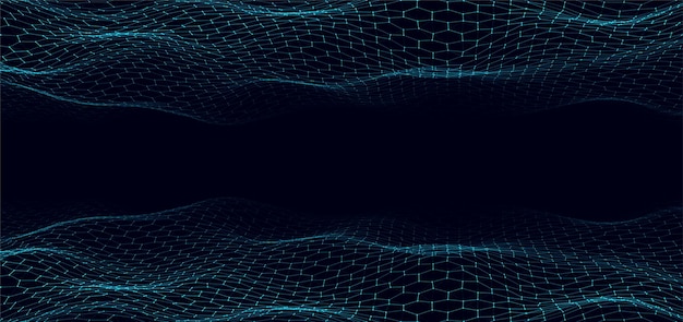 Abstract technology hexagon wave of particles Big data visualization Vector dark background with motion dots and lines Artificial intelligence