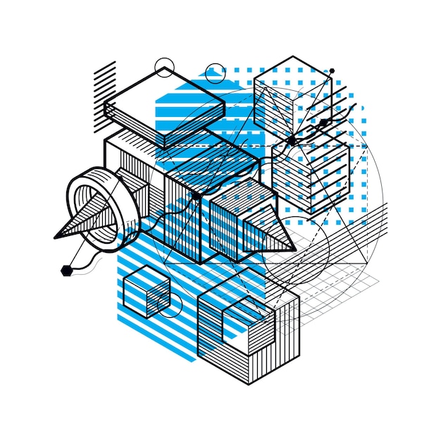 Abstract vector background with isometric lines and shapes. Cubes, hexagons, squares, rectangles and different abstract elements.
